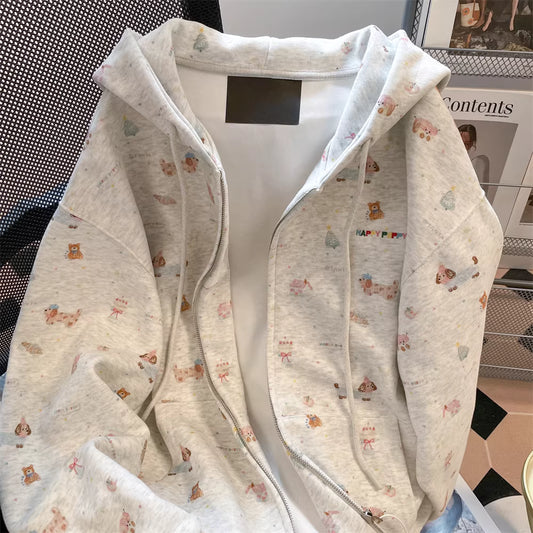 Fall Dachshund All-Over Print Cartoon Zip-Up Hoodie