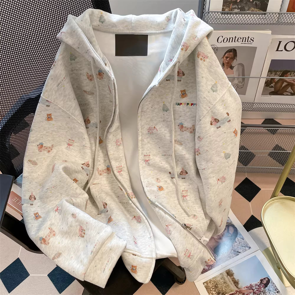 Fall Dachshund All-Over Print Cartoon Zip-Up Hoodie