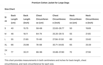 Premium Cotton Jacket for Large Dogs (Suitable for Breeds like Whippets)